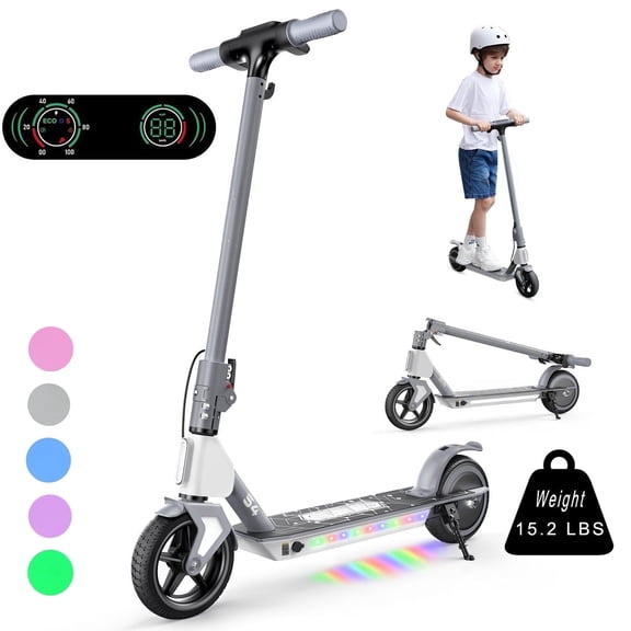 Electric Scooter for Kids Ages 6-14,200W Foldable E-Scooter with 3 Speeds (5/8/12 mph),LED Display,Colorful Lights,Gift for Kid,Gray