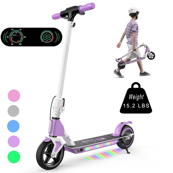 Electric Scooter for Kids Ages 6-14,200W Foldable E-Scooter with 3 Speeds (5/8/12 Mph),LED Display,Colorful Lights,Gift for Kid,Purple