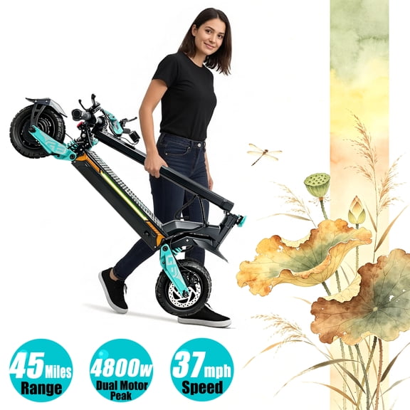 Electric Scooter for Men and Women 10" All-Terrain Comfort Tire 37mph Power by 4800W Peak Dual Motor Max 45 mile Range Folding Commuting E-Scooter