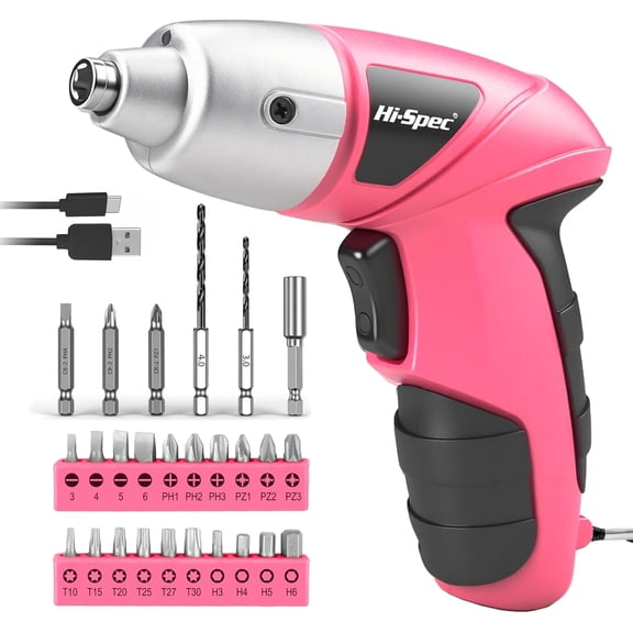 Electric Screwdriver 27pc 3.6V Pink USB Small Power Screwdriver Set. Cordless & Rechargeable with Driver Bit Set