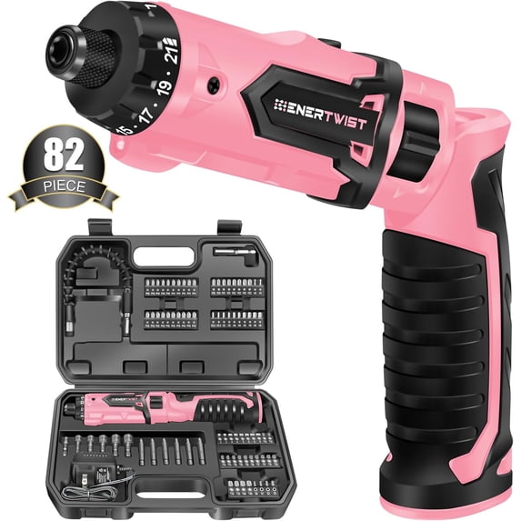 Electric Screwdriver, 8V Max 10Nm Pink Cordless Screwdriver Rechargeable Set with 82 Accessory Kit and Charger in Carrying Case, 21+1 Cluth, Dual Position Handle, LED Light