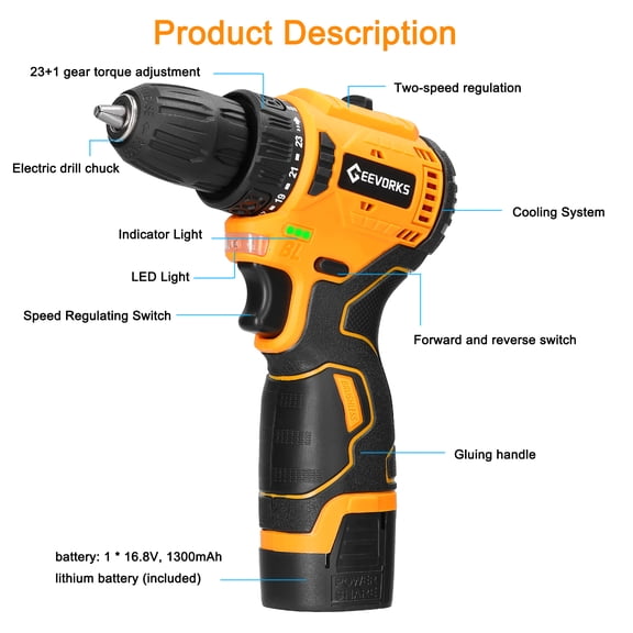 Electric Screwdriver,Motor Rotation Adjustment Drill Improvement Rotation Adjustment Drill Motor Rotation Adjustment Drill Tool Multicolor 2pcs batteries Plug