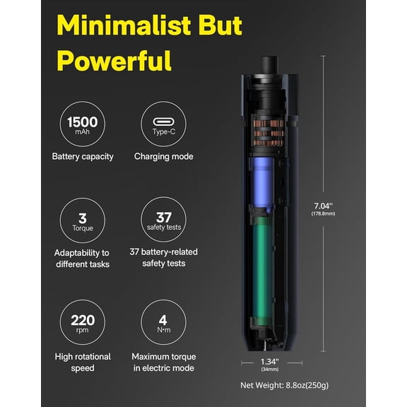 Electric Screwdriver Rechargeable, 3.6V Cordless Set with 12 S2 Bits, 3 Torque Settings, LED Light & USB-C Charging for Furniture Assembly and Repairs