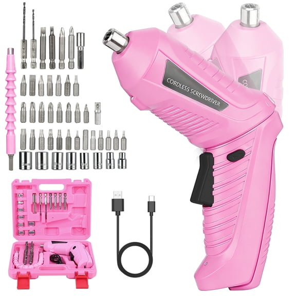Electric Screwdriver Set, Handheld cordless drill Rechargeable Tool, Rotatable 90 Degrees Cordless Electric Screwdriver Set with Rechargeable Battery and LED Light for Home DIY, Pink