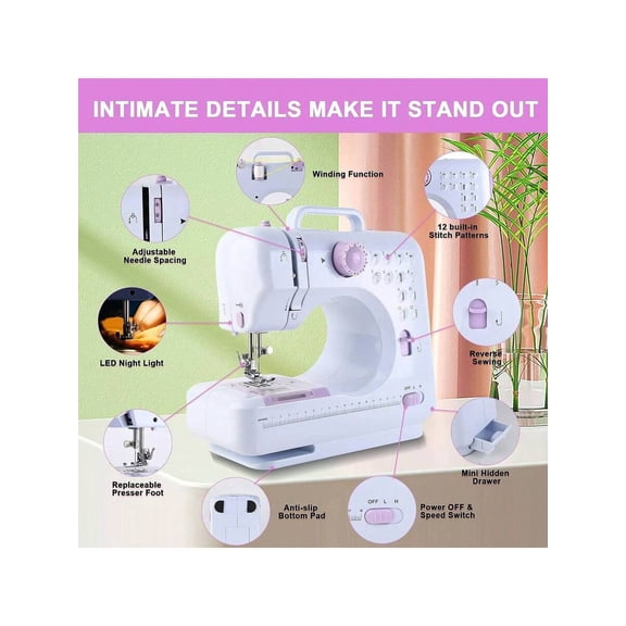 Electric Sewing Machine Portable Desktop Stitching Machine with 12 Built-in Stitches, Adjustable 2-Speed Heavy Duty Tailoring Tool for Beginners, Jeans, Clothes