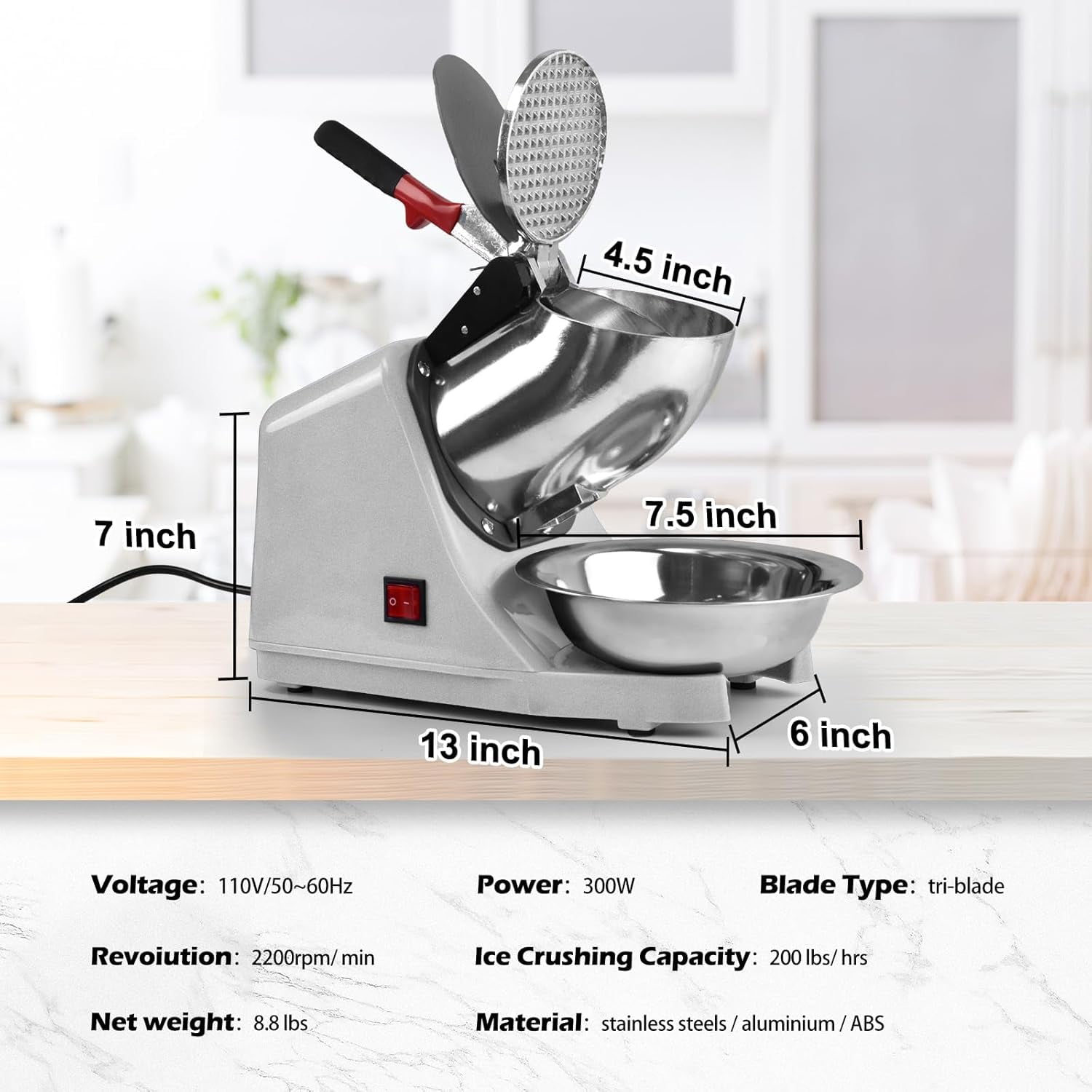Electric Shaved Ice  with 3 Blades, 300W Snow Cone Maker for Home and Commercial Use