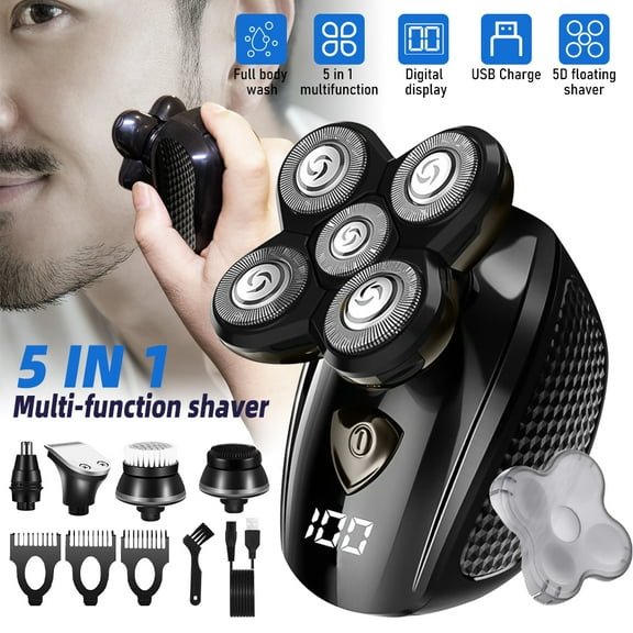 Electric Shaver 5D Rechargeable Rotary Razor with Nose Hair Trimmer, Waterproof Wet & Dry Men's Grooming Kit, Clip Resistant, LED Display,.