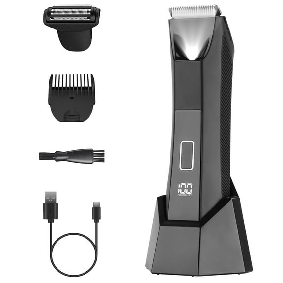 Electric Shaver For Men, TeqHome 2 In 1 Electric Body Trimmer with LED Light LCD Display Guard Comb Shaving Head IPX7 Waterproof Men's Groin Hair Trimmer Black