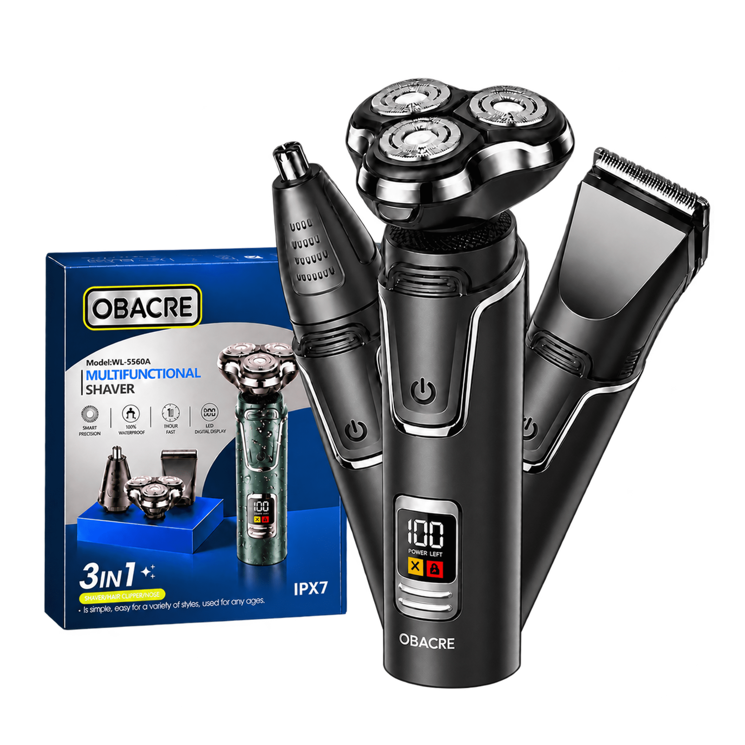Obacre Electric Shaver Razor for Men, 3 in 1 Men’s Cordless LED Display IPX7 Waterproof Facial Nose Hair Beard Trimmer Grooming Haircut Kit with Wet Dry Rechargeable Use