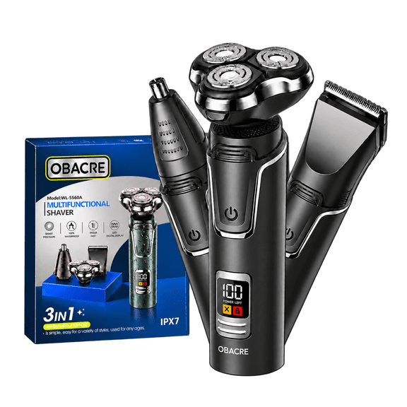 Obacre Electric Shaver Razor for Men, 3 in 1 Men’s Cordless LED Display IPX7 Waterproof Facial Nose Hair Beard Trimmer Grooming Haircut Kit with Wet Dry Rechargeable Use