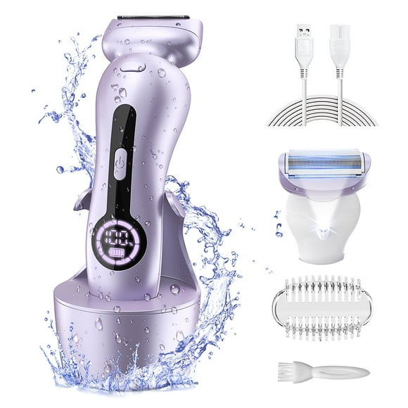 Electric Shaver for Women, Womens Electric Razor Lady IPX7 Waterproof Legs Arm Underarm Painless Epilator Body Hair Remover Rechargeable Wet Dry Use Bikini Trimmer W/ Charging Stand & LCD Display