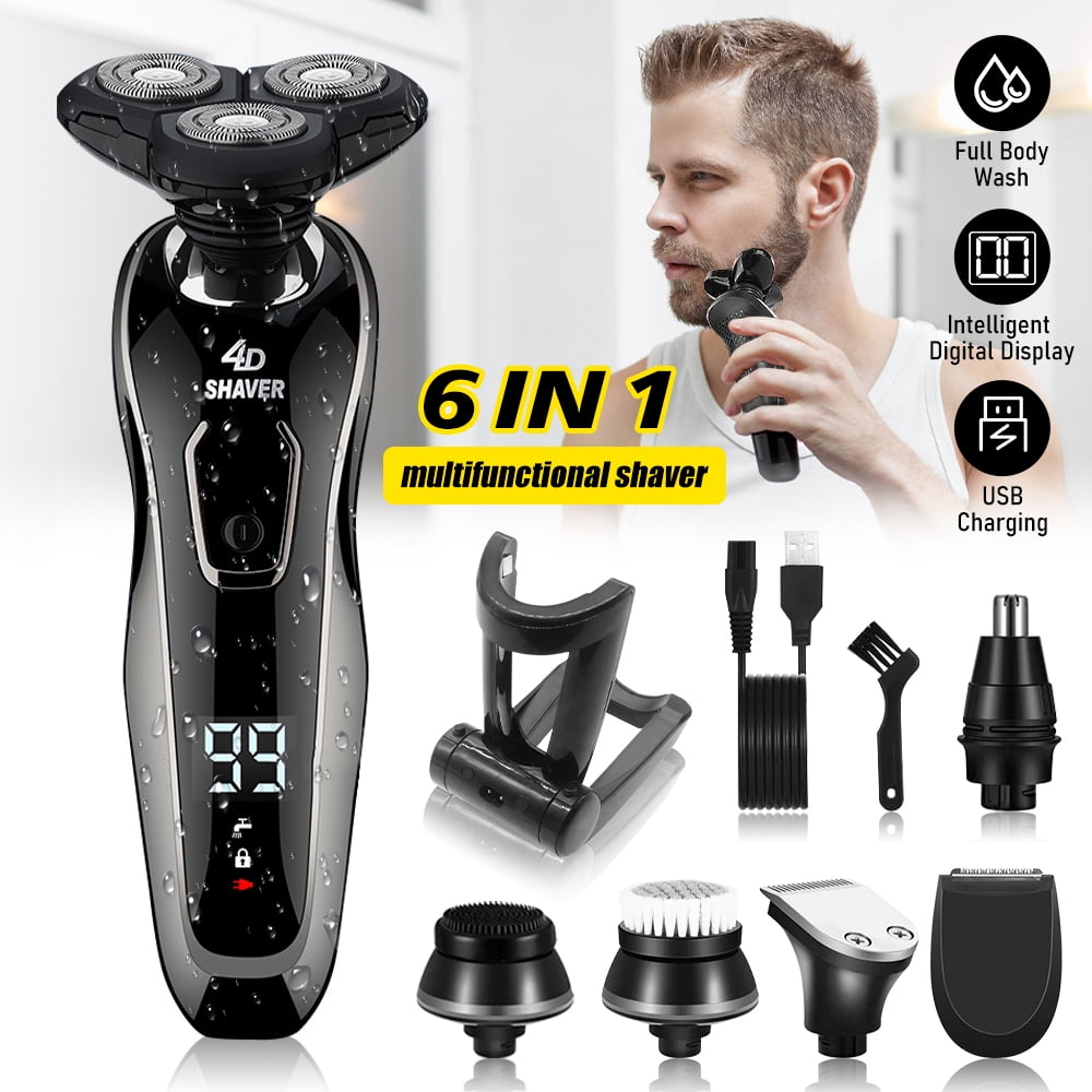 Electric Shaver for Men 4D, Waterproof 6 in 1 Mens Grooming Kit with Nose Hair Trimmer, Hair Clippers, Beard Trimmer for Men with LED Display, Black