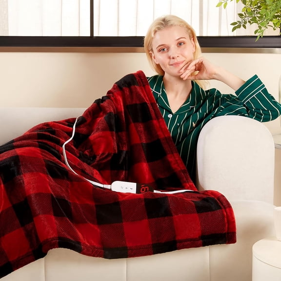 Electric Sherpa Buffalo Red Plaid Christmas Heated Blanket & Dusty Blue Double Sided Sherpa Heating Blanket Fast Heating Warm Plush Heated Blanket, Machine Washable, ETL Certification, 50"x60"