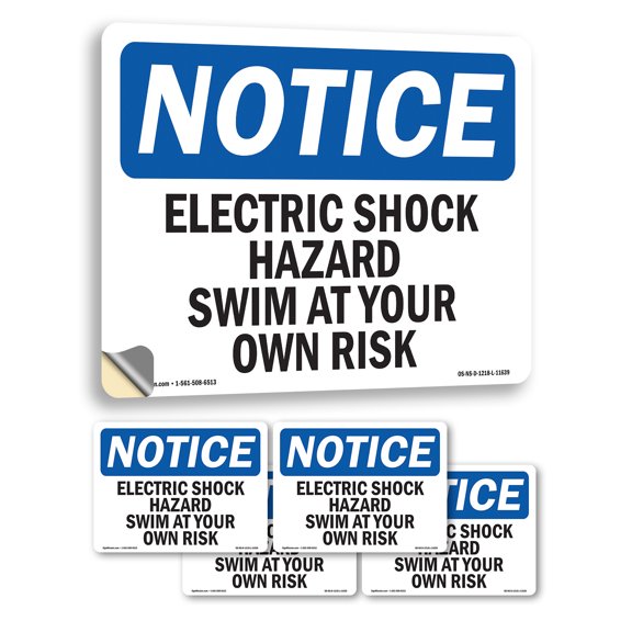 Electric Shock Hazard Risk Swim At Your Own Risk OSHA Notice Vinyl Decal Label 5 Inch x 3.5 Inch - 5 Pack