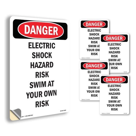 Electric Shock Hazard Risk Swim OSHA Danger Vinyl Decal Label 5 Inch x 3.5 Inch - 5 Pack