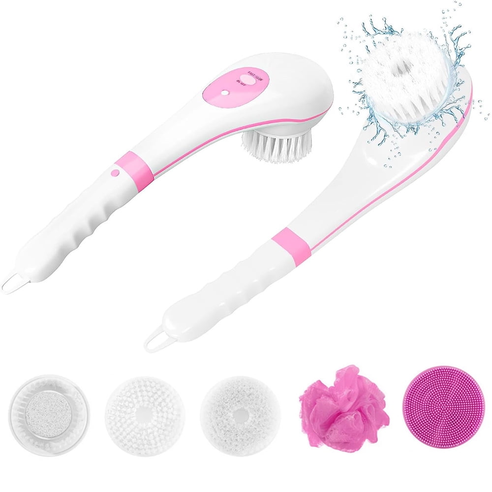 Electric Silicone Body Scrubber, Electric Body Bath Brush for Shower,USB Rechargeable Shower Brush with Long Handle, Back Scrubber, 5 in 1 Body Exfoliation and Massage Deep Cleansing Set