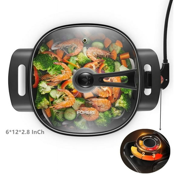Electric Skillet, 12 Inch Deep Non Stick Electric Frying Pan with Standable Glass Lid, 3 Marked Heating Levels, Heat Resistant Handles, 1360W, Black, 6x12x2.8 inch