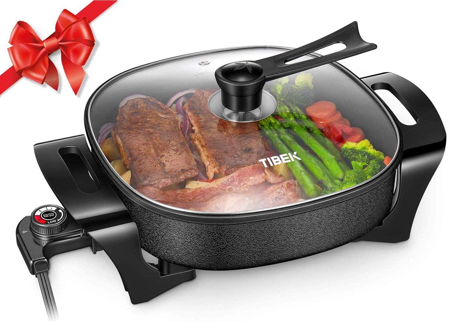 Electric Skillet, 12 Inch Deep Non Stick Electric Frying Pan with Standable Glass Lid, 3 Marked