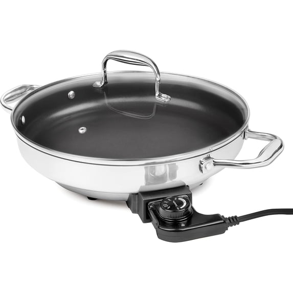 Electric Skillet By Cucinapro - 18/10 Stainless Steel, Frying Pan with Non Stick Interior, with Glass Lid, 12" Round, Temperature Control Probe for Adjustable Heat Settings