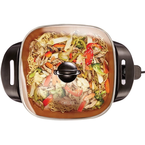 Electric Skillet and Frying Pan with Glass Lid Nonstick Coating Cool Touch Handles Removable Heating Probe Dishwasher Safe 12 x 12 Inch Copper