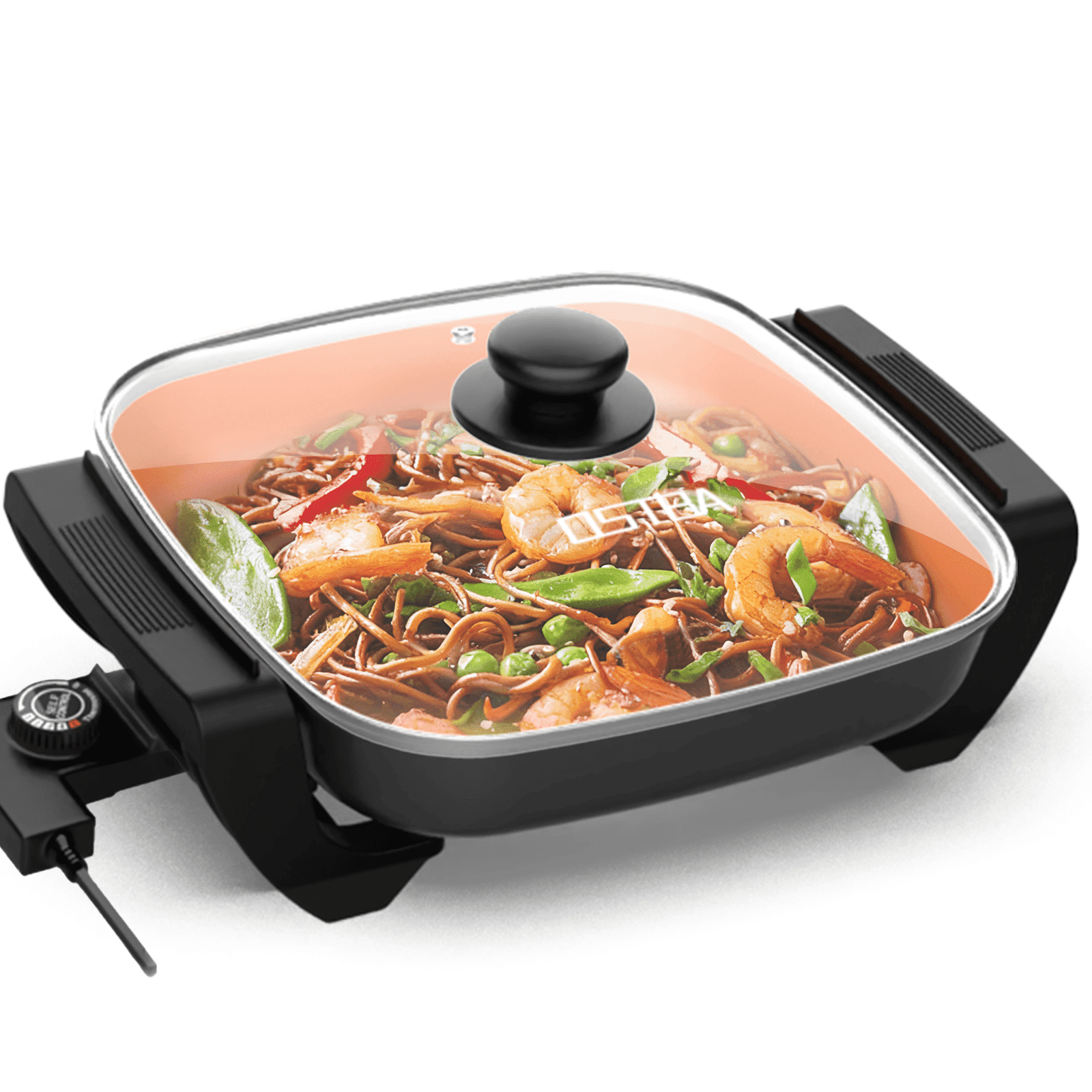 OSTBA Electric Skillet and Frying Pan with Glass Lid, 12"x12" Copper Nonstick Electric Pan for Cooking, 1500W Power, Cool Touch Handles, Adjustable Temperature