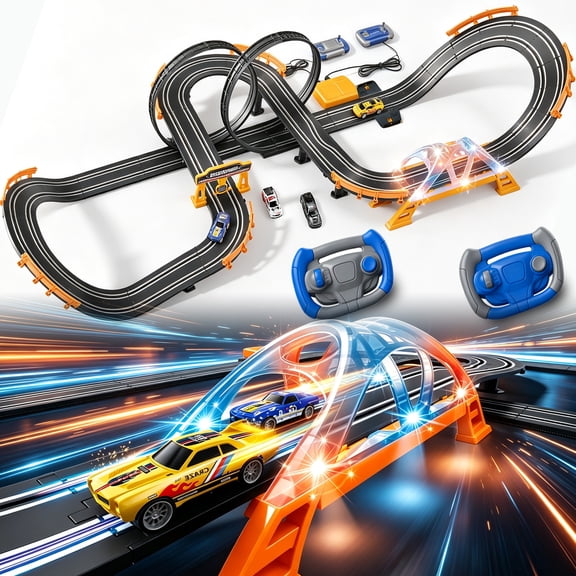 Electric Slot Car Race Track Set with 4 High-Speed Cars, Dual Racing Game with 2 Controllers, Circular Overpass Track with Flash Bridge & Pendulum, STEM Toy Gift for Kids Ages 6-12 Boys Girls