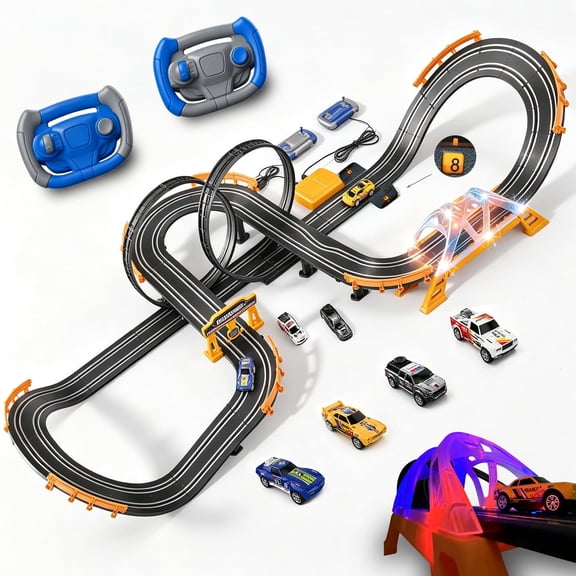 Electric Slot Car Race Track Set with 4 High-Speed Cars, Dual Player Racing Game with 2 Controllers, Circular Overpass Track with Flash Bridge & Swinging Pendulum, Toy Gift for Kids Ages 6-12 Boys Gi