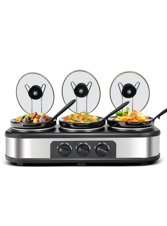 Electric Slow Cooker, 3x1.5 Quart Triple Slow Cooker Buffet Server, Food Warmer Cooker Pot for Party Holiday, Adjustable Temp Removable Ceramic Pots Lid Rests