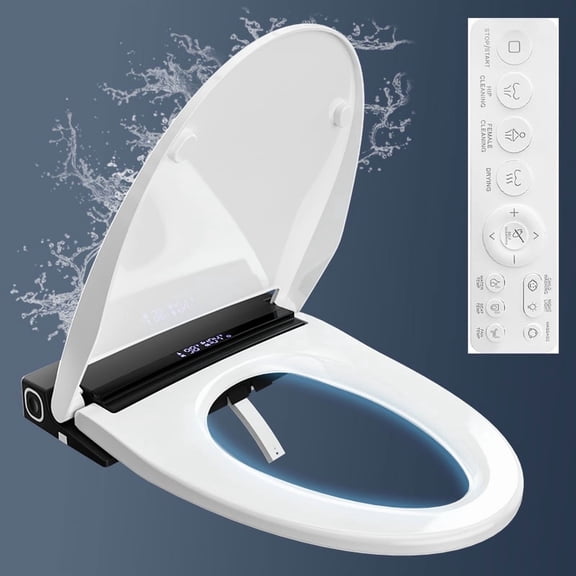 Electric Smart Toilet Seat with warm water and drying functions, feminine wash function, wireless remote control, self-cleaning, stainless steel nozzle, and adjustable water pressure.