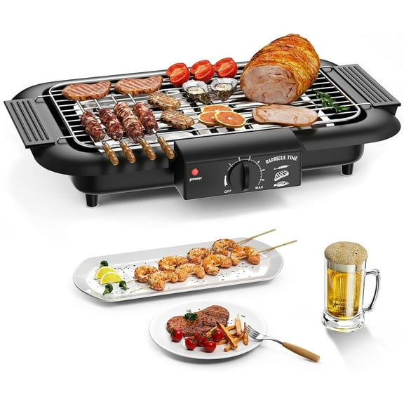 Electric Smokeless Grill, Non-Stick Electric BBQ Grill Indoor/Outdoor Barbecue Grill, 2000W Double Tube High Power Portable Removable Stand Grill for Cooking BBQ Party, Black