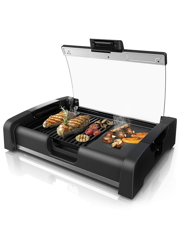 Electric Smokeless Indoor Griddle, 2-in-1 with Lid Grill, 1200W Home W/ Hood BBQ Grill, Nonstick Cooking Plate, 5 Level Adjustable Temperature, Detachable & Dishwasher Safe, Cool-touch Handles, Black