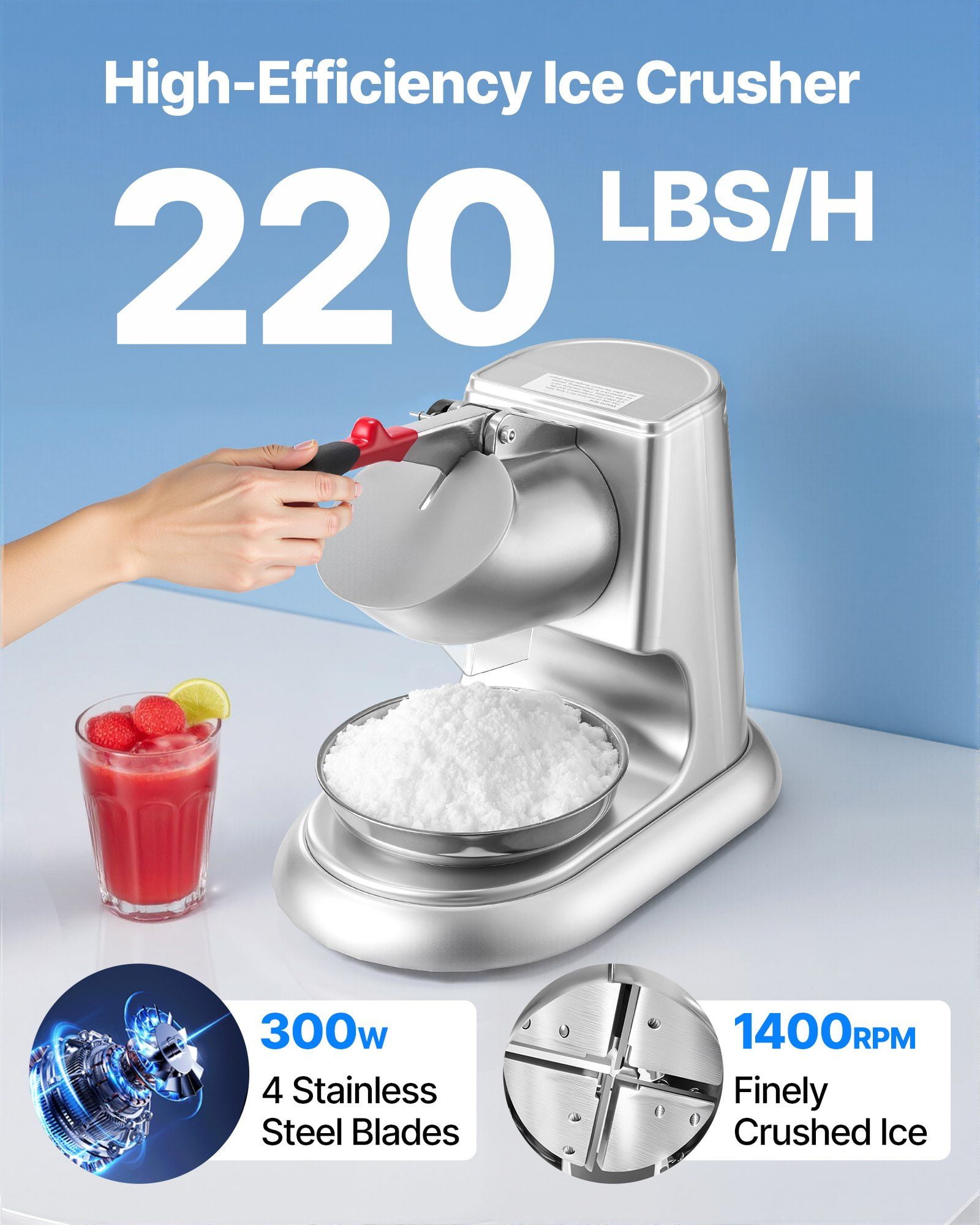 Electric Snow Cone Machine - 220lbs/H Commercial Ice Crusher & Shaver for Home Parties, Silver