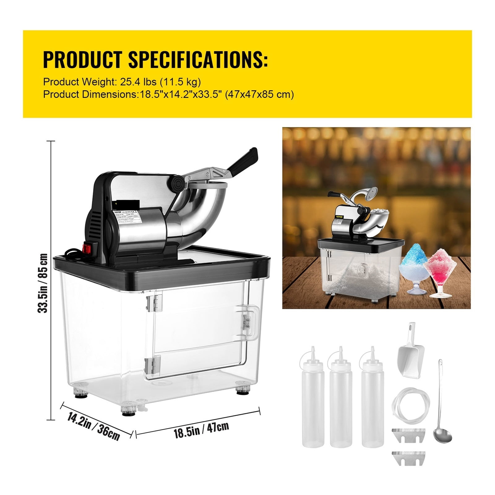 Electric Snow Cone Machine, Ice Crusher, Glass Graner, Blender, Chopper, Stainless Steel, Cold, Commercial