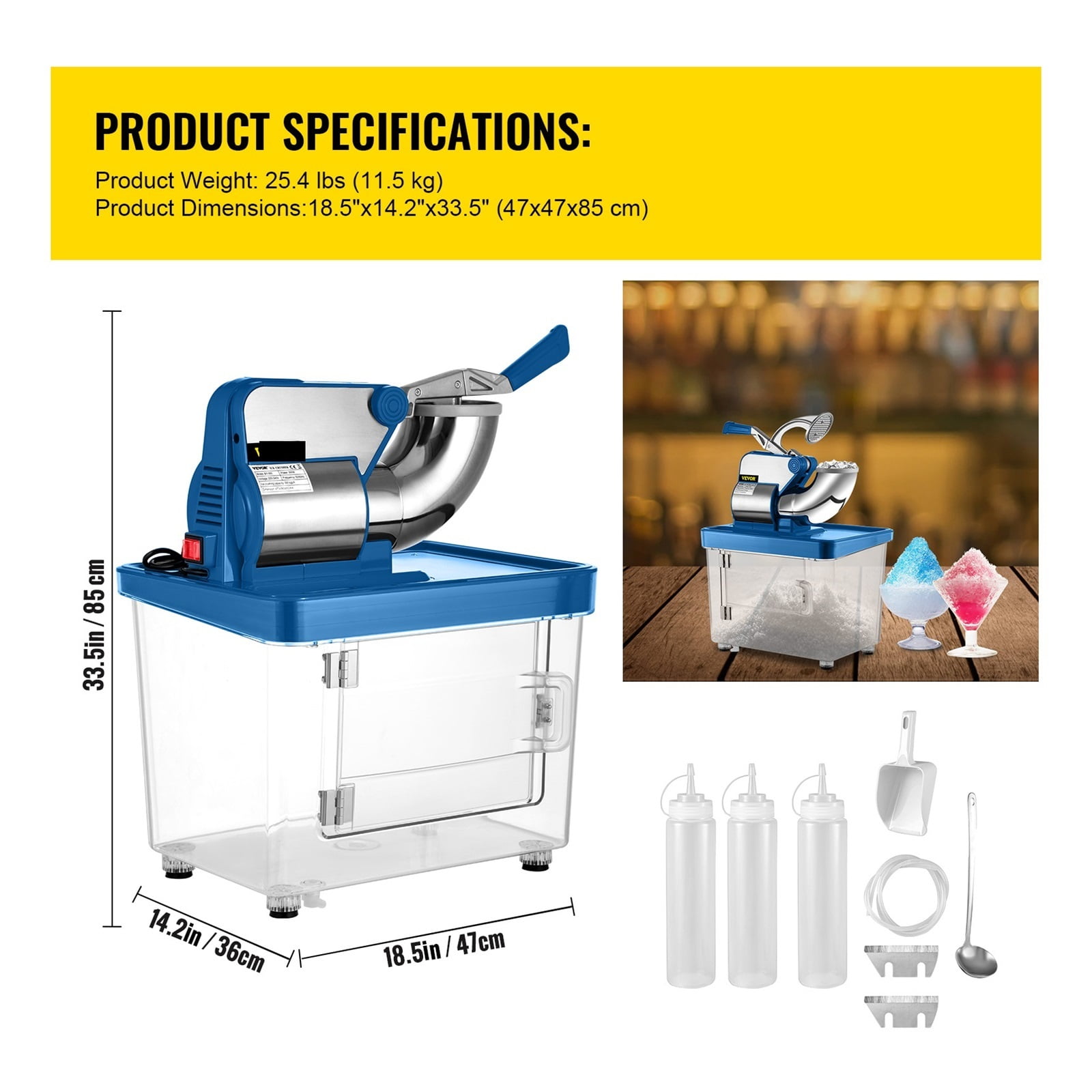 Electric Snow Cone Machine, Ice Crusher, Glass Graner, Blender, Chopper, Stainless Steel, Cold, Commercial