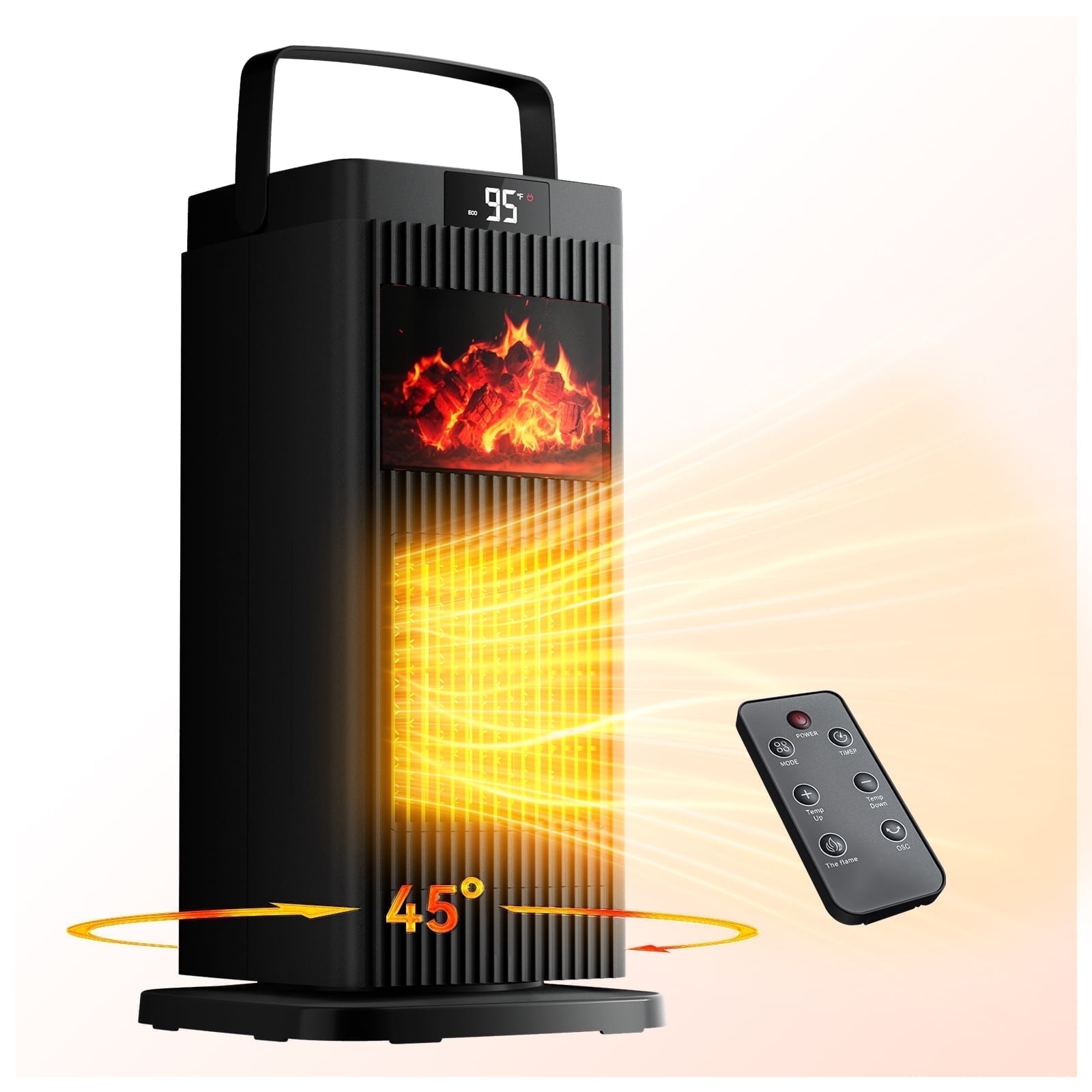 ELEKA Electric Space Heater for Indoor Use, 1500W Electric PTC Ceramic Heater with Thermostat,Remote,ECO Mode,45 Degree Oscillation，Quiet Small Space Heater with 3D LED Flame