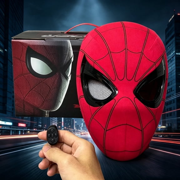 Electric Spider Superhero Mask Ring Remote Moving Eyes Winking Helmet Color Box Halloween Costume Prop Funny Photo Video Outfit Accent