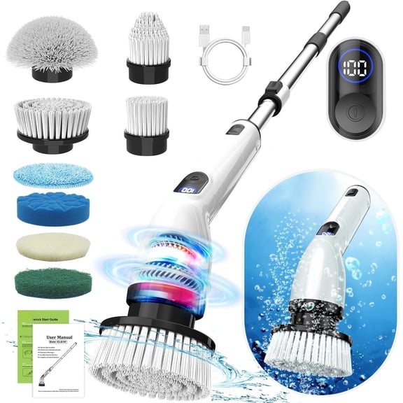 Electric Spin , Full- IPX7  Bathroom  with Power LCD Display, 8 Replacement , Adjustable Extension Handle, Cordless Shower Cleaner Brush for Bathtub Cleaning