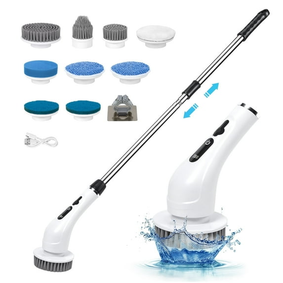 Electric Spin Scrubber, 2 Speed, Ultra-Low Noise, Stretchable, 9 Cleaning Brush Heads, IPX8, Large Battery, 120 Min Work-time, Bathroom Cleaner for Shower Cleaner, Bathtub, Floor, Glass, Car, Kitchen