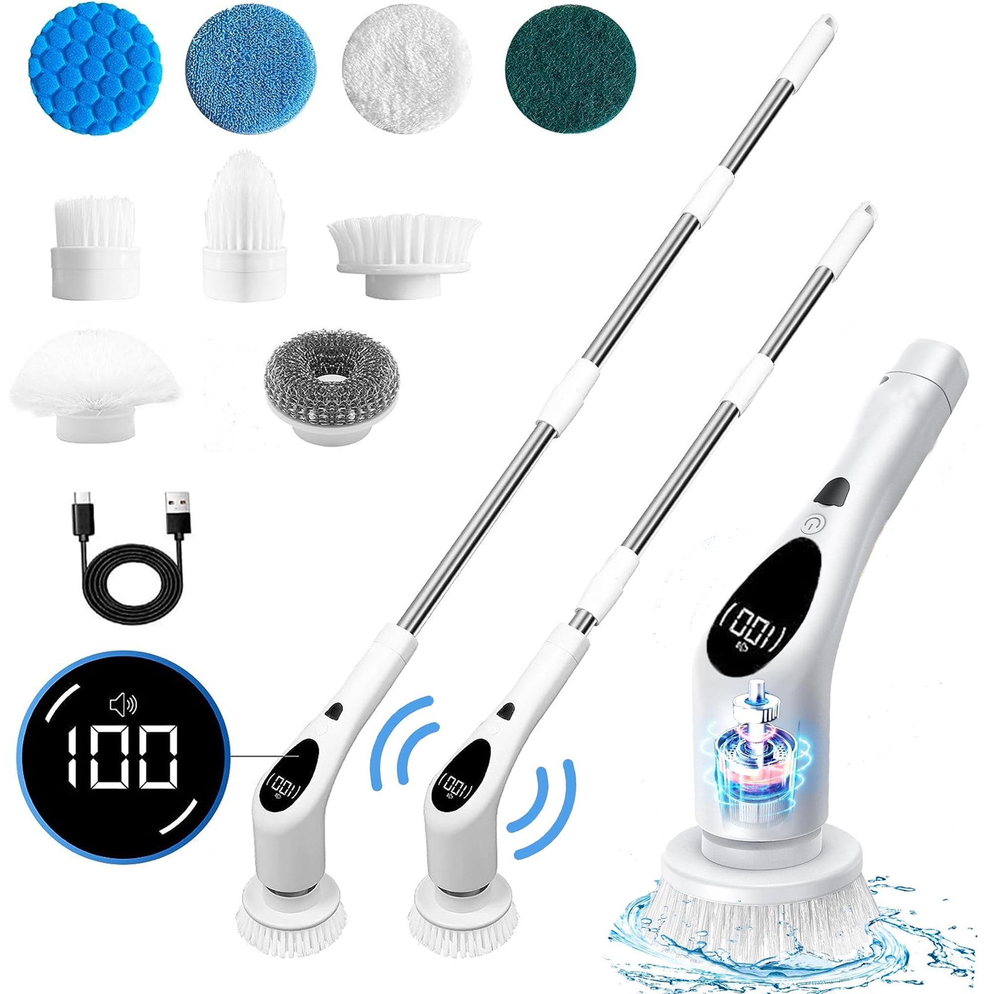 MoKo Electric Spin Scrubber, 490RPM Cordless Shower Scrubber with 9  Replacement Head,Bathroom Shower Cleaning Brush with Adjustable Extension  Handle for Shower Bathtub Grout Tile Floor, White 