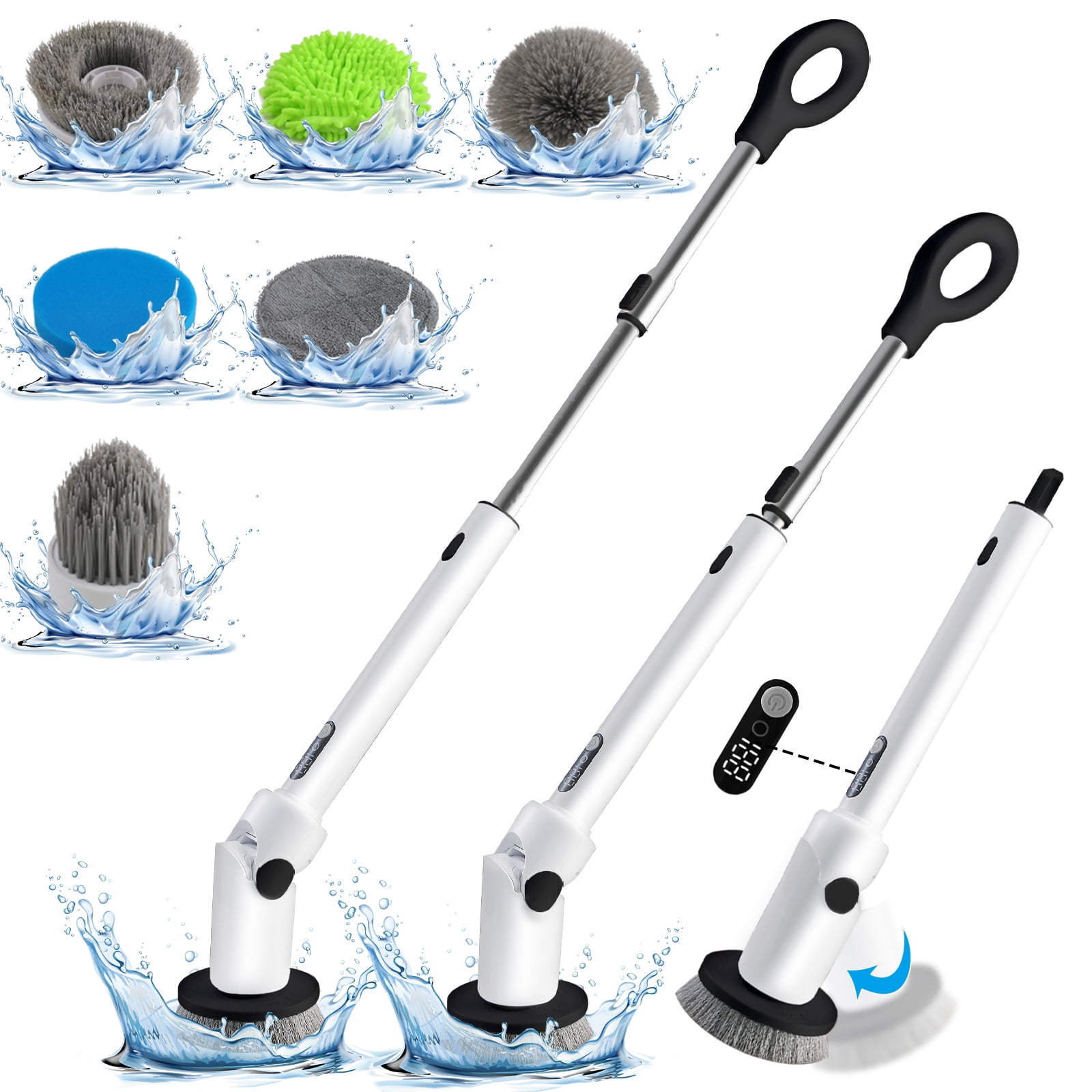 Electric Spin Scrubber , 2024 New Cordless Voice Guidance Shower Scrubber, 8 Replaceable Brush Heads, Long Handle Adjustable and Detachable