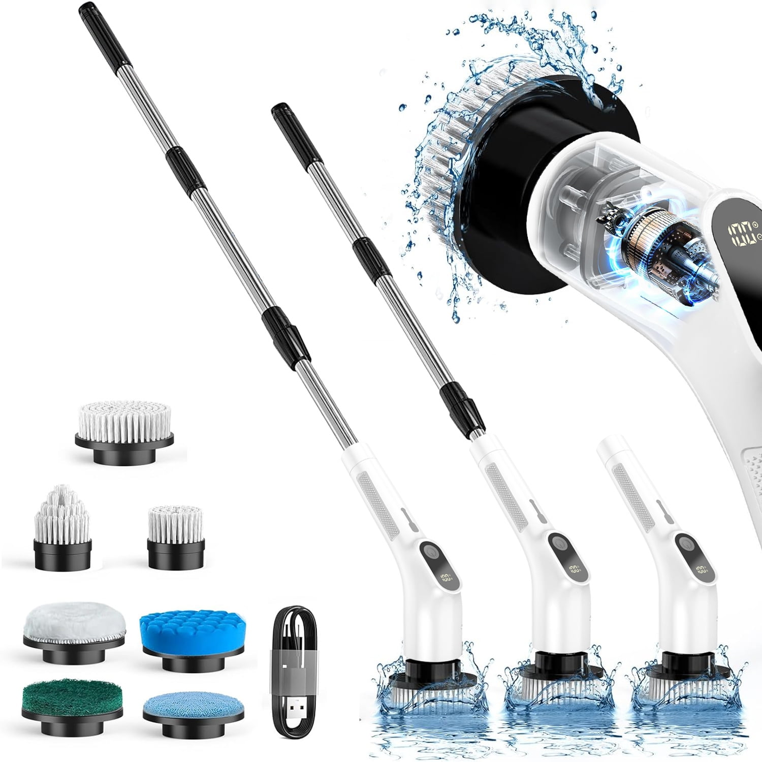 Alpacasso Electric Spin Scrubber, 2025 New Full-Body IPX7 Waterproof Cordless Power Cleaning Brush with Adjustable Extension Handle, Power LCD Display Shower Scrubber with 7 Replaceable Brush Heads.