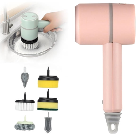 Electric Spin Scrubber 2026 New 360 Rotating Multi-Function Electric Cleaning Brush with 6 Replaceable Brush Heads for Kitchen Bathroom Shower /350 (Color : White) (Pink)