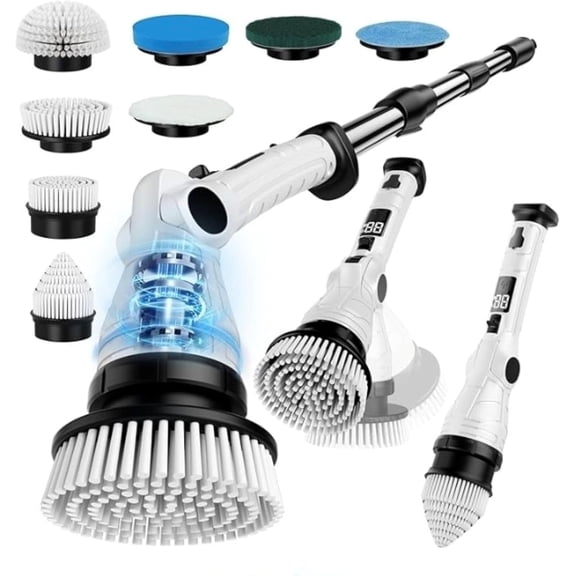 Electric Spin Scrubber, 3-Speed Power Scrubber for Cleaning Bathroom, 6-Angle Adjustable Head Cordless Scrubber with 8 Brush Heads & Long Handle, LCD Display Shower Scrubber for Grout Tile Floor Tub