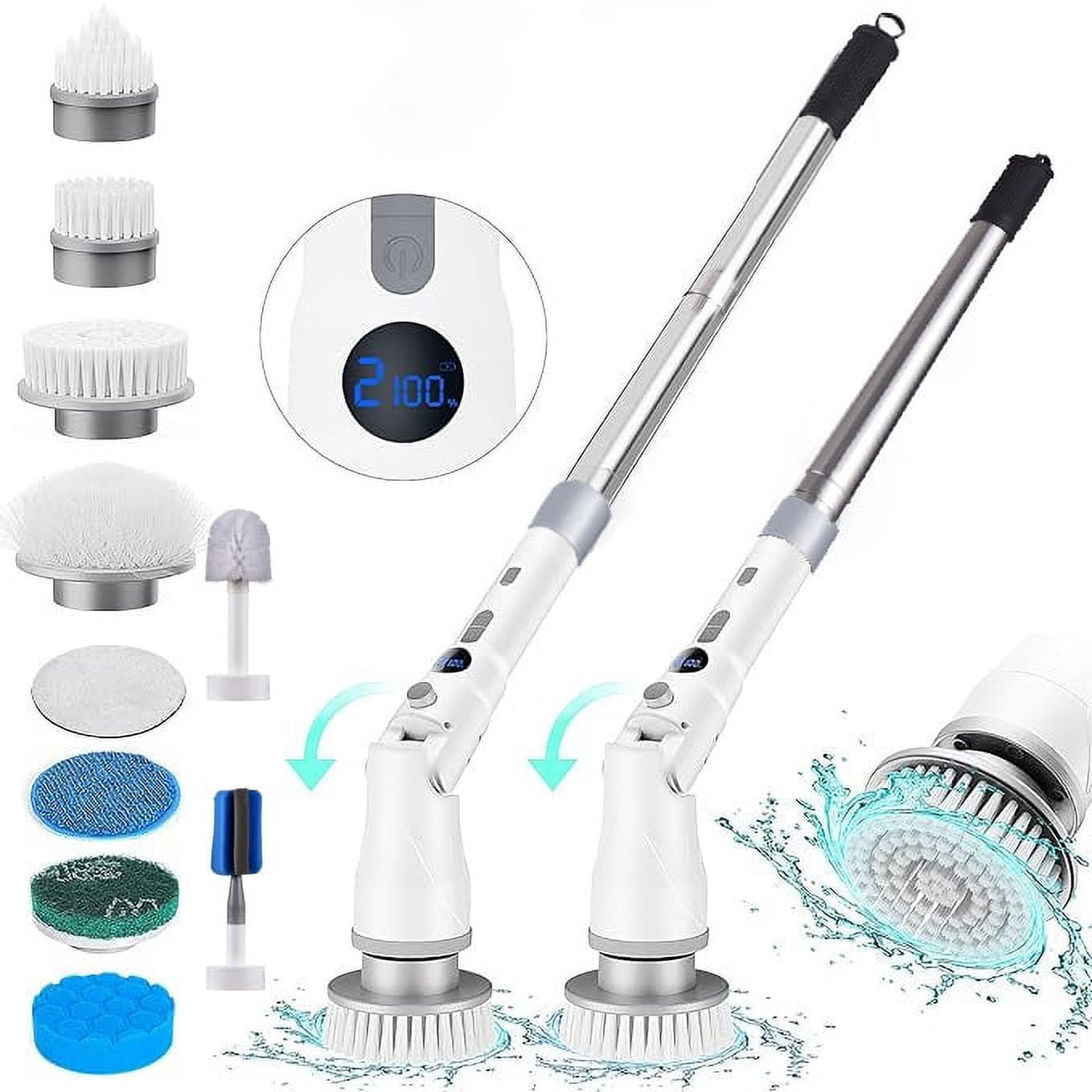 Cordless Electric Spin Scrubber,Cleaning Brush Scrubber for Home,  400RPM/Mins-8 Replaceable Brush Heads-90Mins Work Time,3 Adjustable Size,2  Adjustable Speeds for Bathroom Shower Bathtub Glass Car