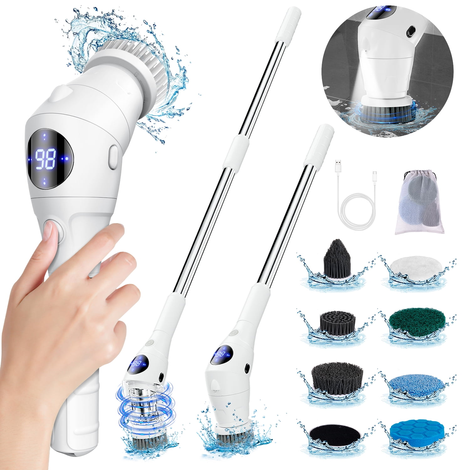 Electric Spin Scrubber - Cleaning Brush with Led Lighting, Cordless Power  Scrubber with 8 Replaceable Brush Heads, Adjustable Handle Shower Scrubber