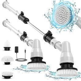 SCARSON Electric Spin Scrubber Ergonomics Handle Tile Scrubber Shower Brush  2 Speed Adjustable with Aluminum Alloy Adjustable Long Handle for Cleaning  Bathroom 5 Replaceable Brush Heads (White)