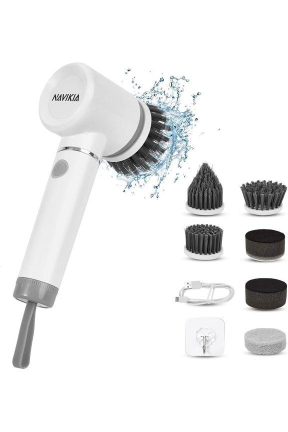 Electric Spin Scrubber, Bathroom Cleaning Brush with 6 Replaceable Heads, 2 Speeds, Cordless Shower Cleaner Brush, Spin Brush for Cleaning Bathroom, Tub, Tile, Kitchen, Floor, Car (White)