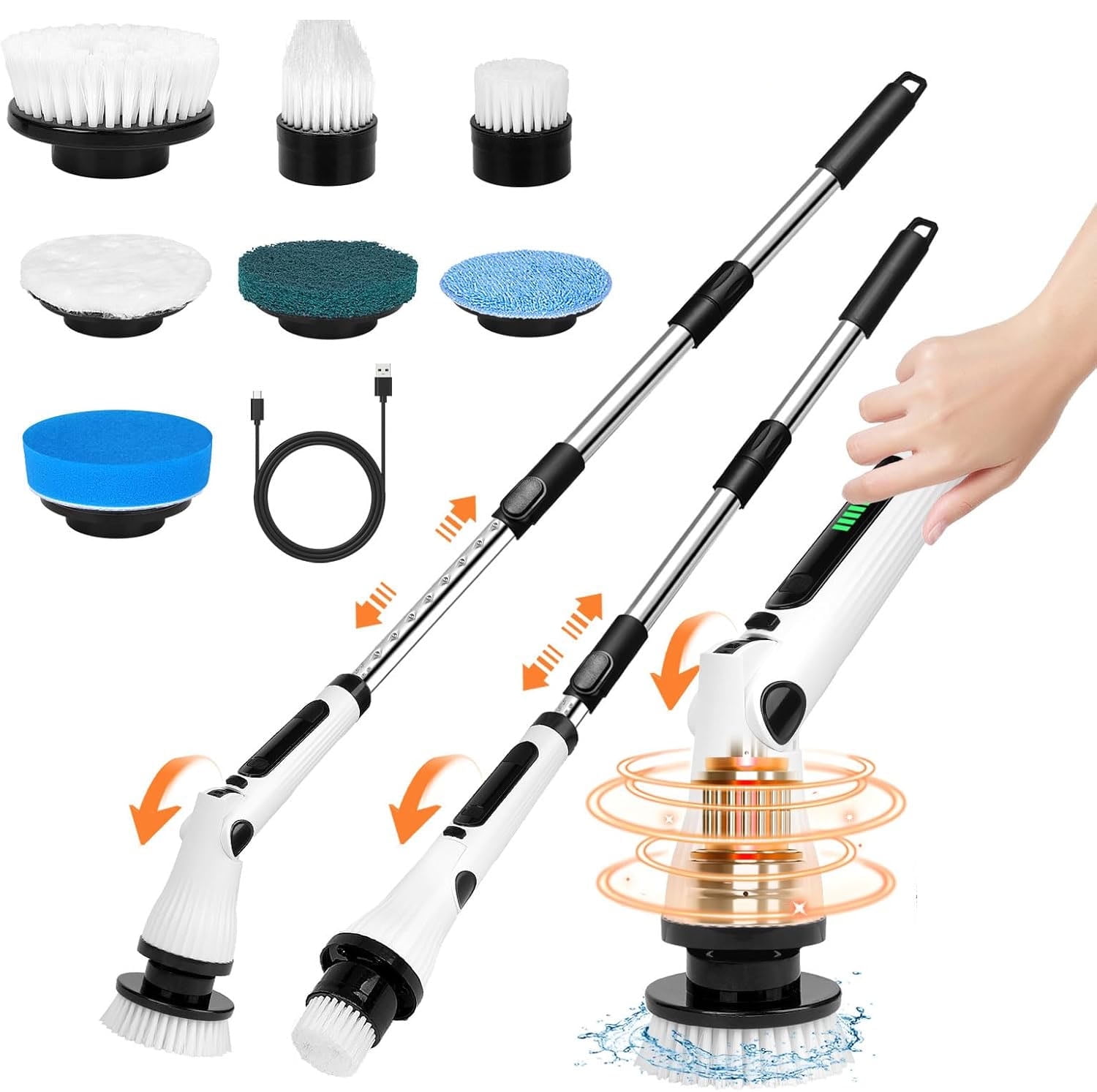 Electric Spin Scrubber, ClnEZ Cordless Cleaning Brush Waterproof with Replaceable Brush Heads, 54.7 inch Adjustable Extension Arm for Bathroom Tub Tile Floor