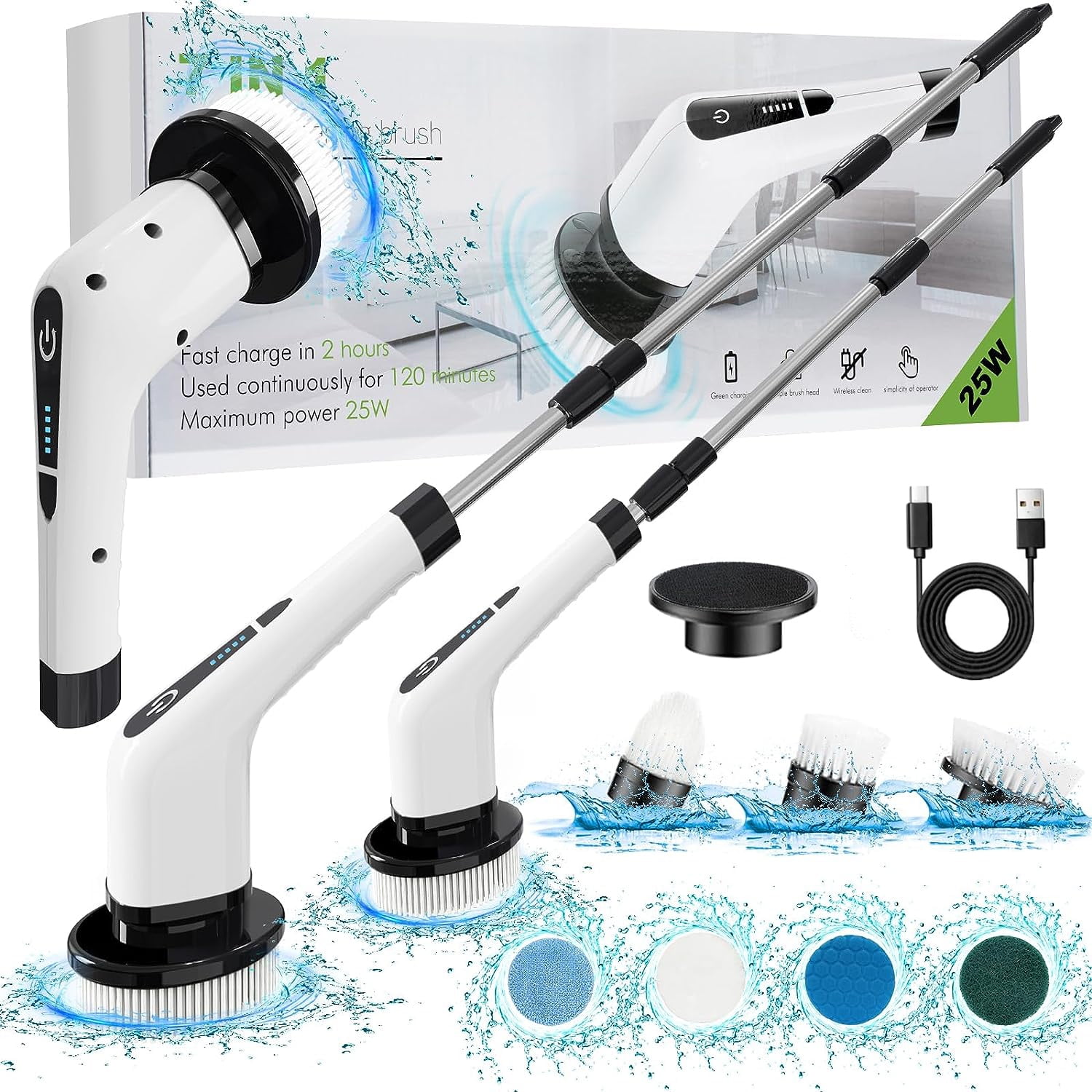 Electric Spin Scrubber, FARI Shower Cleaning Brush with 8 Replaceable Drill  Brush Heads, Cordless Power Scrubber with Adjustable Handle Bathroom and