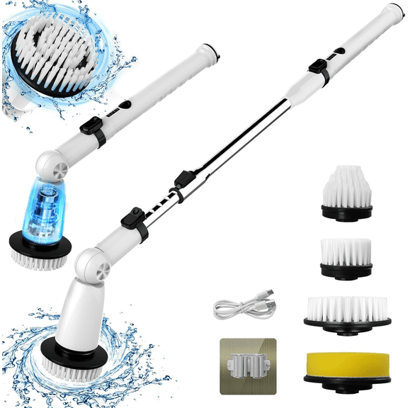 Electric Spin Scrubber, Cordless Bathroom Cleaning Brush with Extendable Handle, 4 Brush Heads, 2 Speeds, Up to 4 Hours for Bathtub, Toilet, Kitchen, Tile Floors